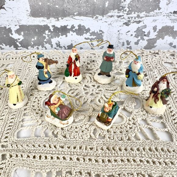Set Of 8 Vtg Mini Ornaments‎ Victorian Christmas Hand Painted Santa Kids Sled’n - Picture 1 of 13